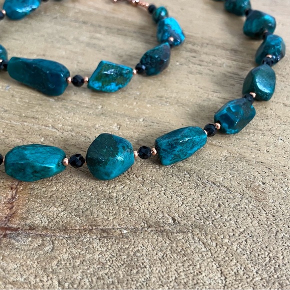 Rough Turquoise & Black Spinel Necklace & Bracelet Set - Solid Copper Spacers - Picture 8 of 9